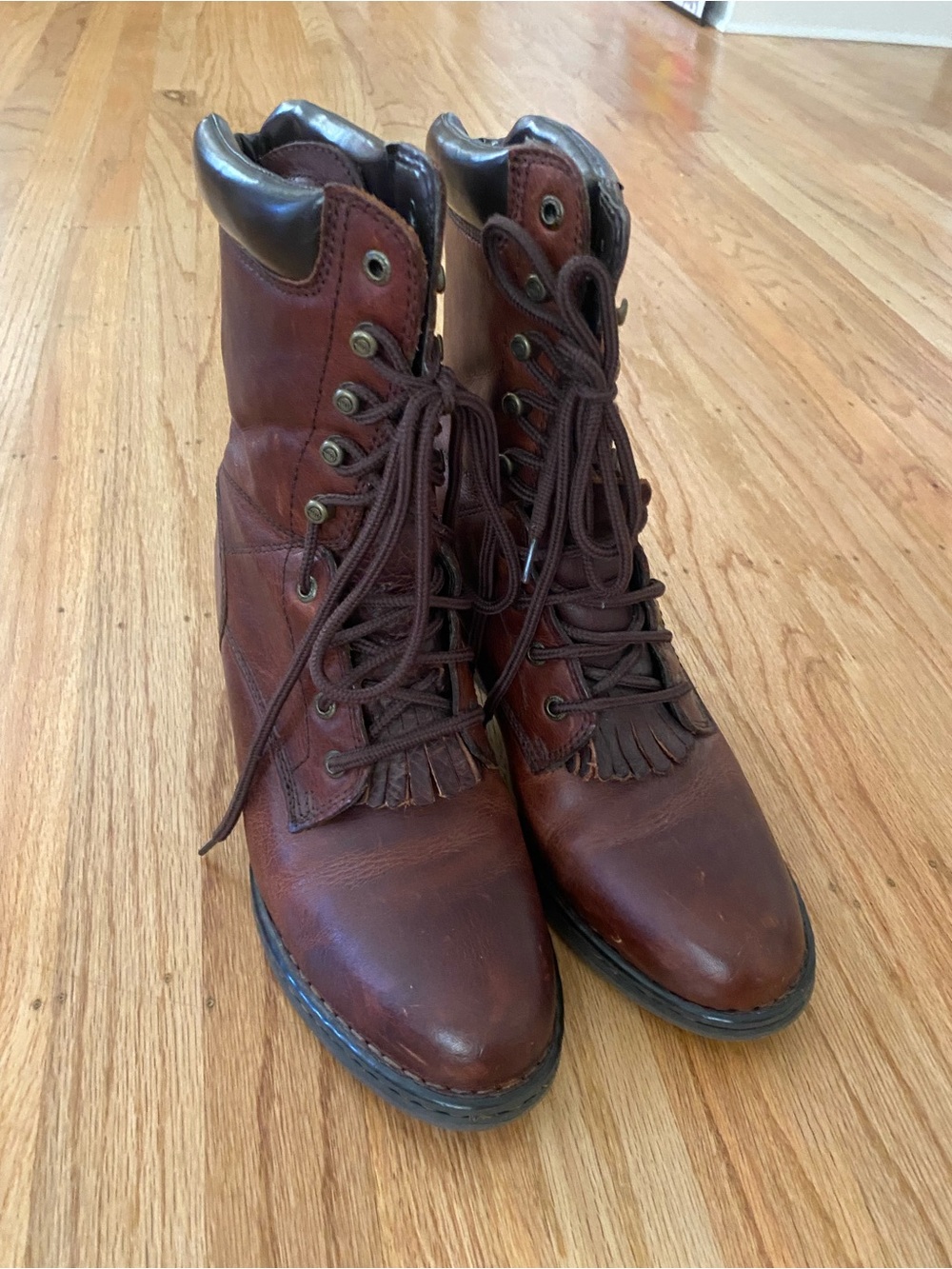 Double H Women's Brown Lace-Up Leather Fringe Boots